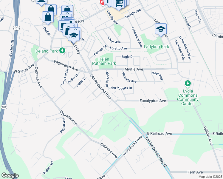 map of restaurants, bars, coffee shops, grocery stores, and more near 105 Ward Drive in Cotati