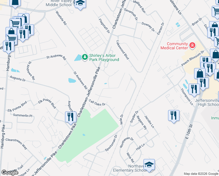 map of restaurants, bars, coffee shops, grocery stores, and more near 2410 Ridgewood Court in Jeffersonville