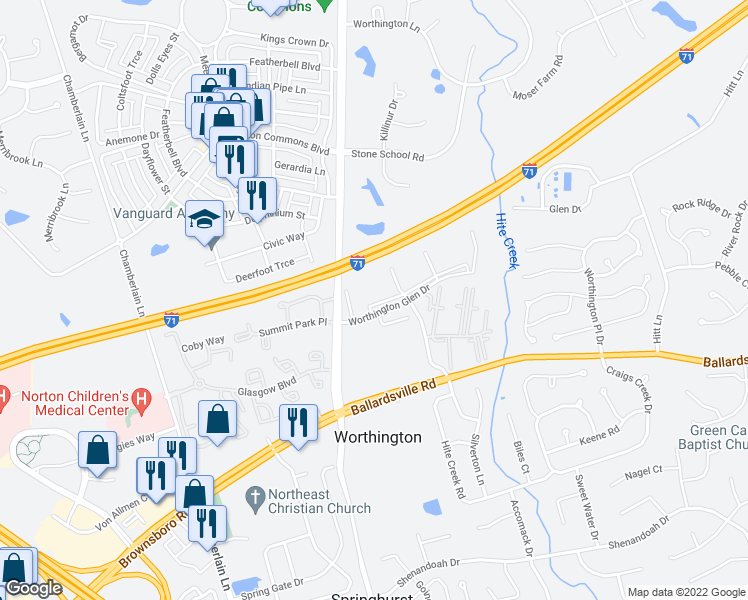 map of restaurants, bars, coffee shops, grocery stores, and more near 10301 Trotters Pointe Drive in Louisville