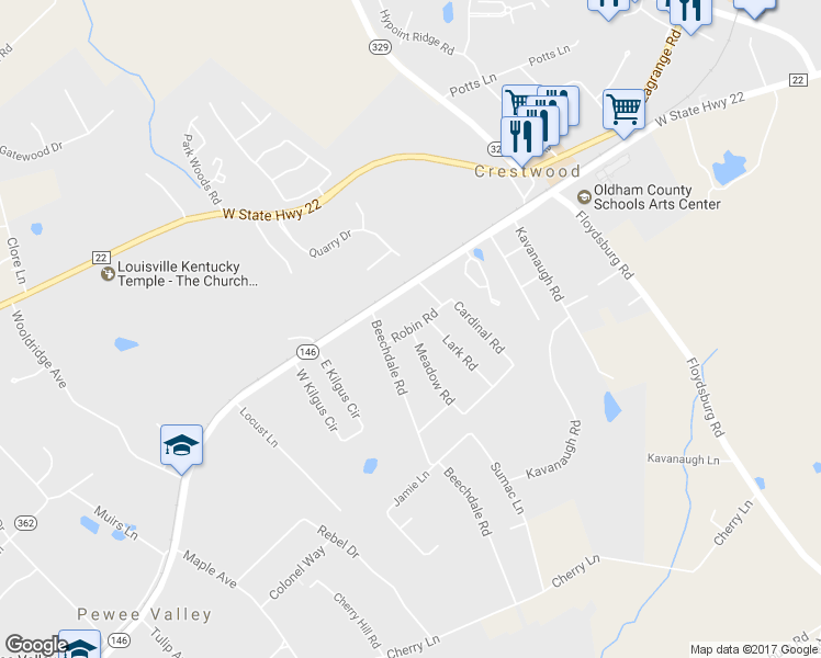 map of restaurants, bars, coffee shops, grocery stores, and more near 6705 Robin Road in Crestwood