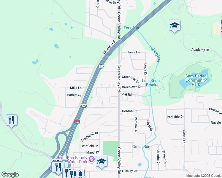 map of restaurants, bars, coffee shops, grocery stores, and more near 173 Mills Lane in New Albany
