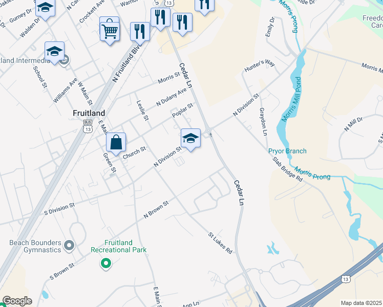 map of restaurants, bars, coffee shops, grocery stores, and more near 301 North Division Street in Fruitland