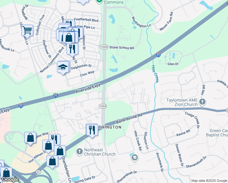 map of restaurants, bars, coffee shops, grocery stores, and more near 10301 Trotters Pointe Drive in Louisville