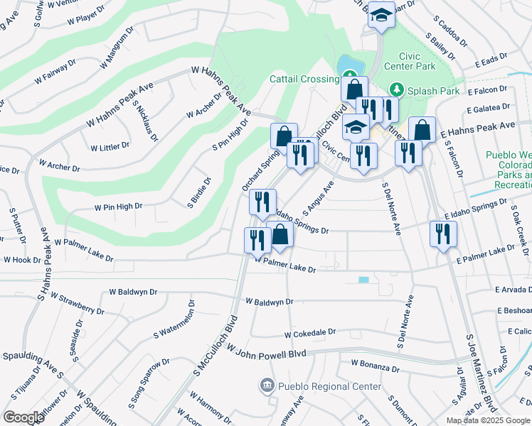 map of restaurants, bars, coffee shops, grocery stores, and more near 404 South McCulloch Boulevard in Pueblo West