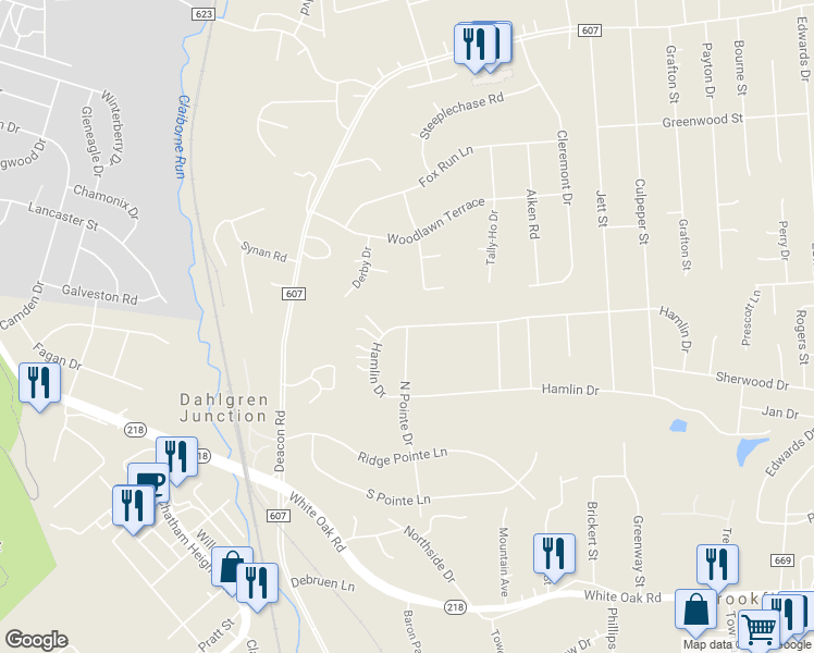 map of restaurants, bars, coffee shops, grocery stores, and more near 99 North Pointe Drive in Fredericksburg
