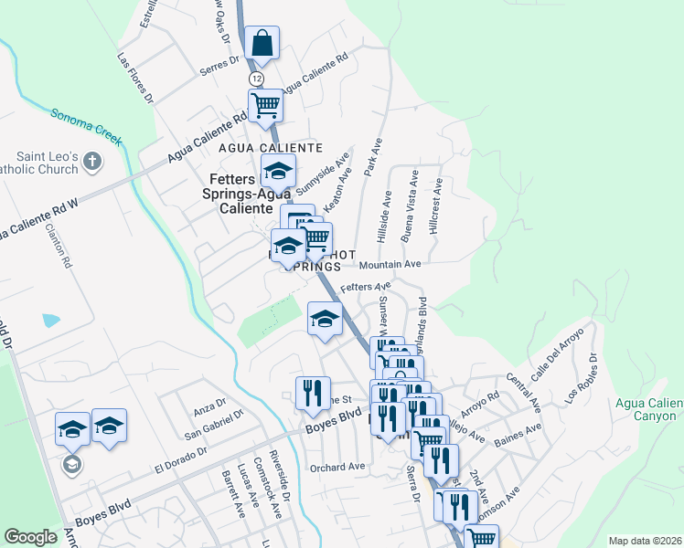 map of restaurants, bars, coffee shops, grocery stores, and more near 121 Fetters Avenue in Sonoma