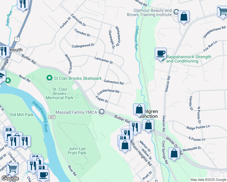 map of restaurants, bars, coffee shops, grocery stores, and more near Cumberland Road in Fredericksburg