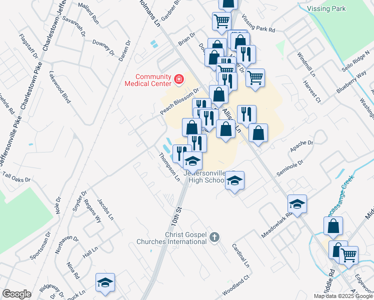 map of restaurants, bars, coffee shops, grocery stores, and more near Hoskins Drive in Jeffersonville