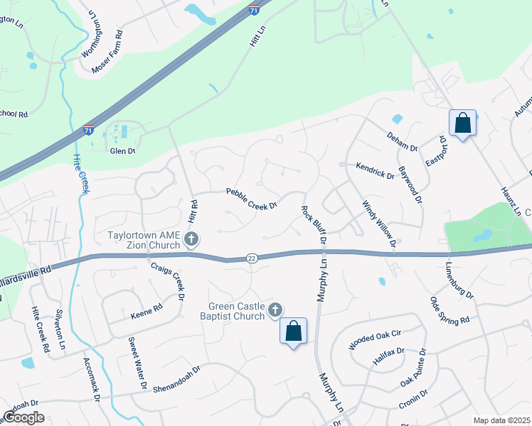 map of restaurants, bars, coffee shops, grocery stores, and more near 5520 Rock Valley Way in Louisville