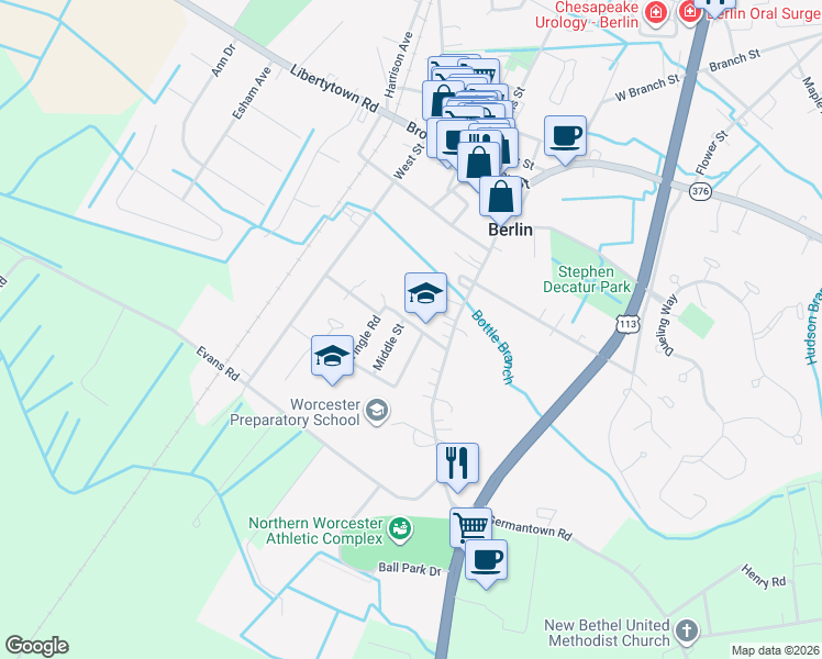 map of restaurants, bars, coffee shops, grocery stores, and more near 101 Middle Street in Berlin