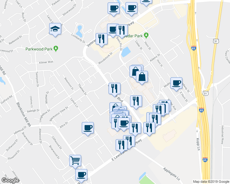 map of restaurants, bars, coffee shops, grocery stores, and more near 1560 Greentree Boulevard in Clarksville