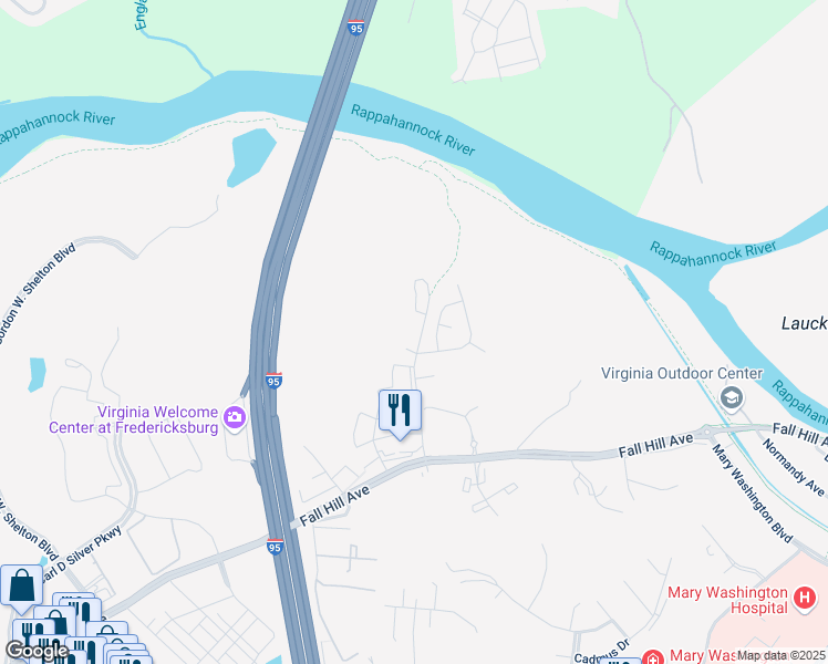 map of restaurants, bars, coffee shops, grocery stores, and more near 1000 Wicklow Drive in Fredericksburg