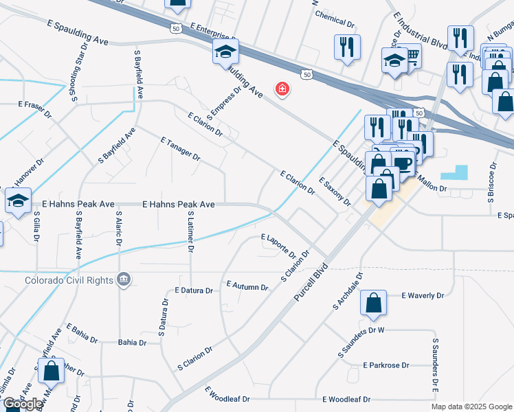 map of restaurants, bars, coffee shops, grocery stores, and more near 668 East Hahns Peak Avenue in Pueblo West