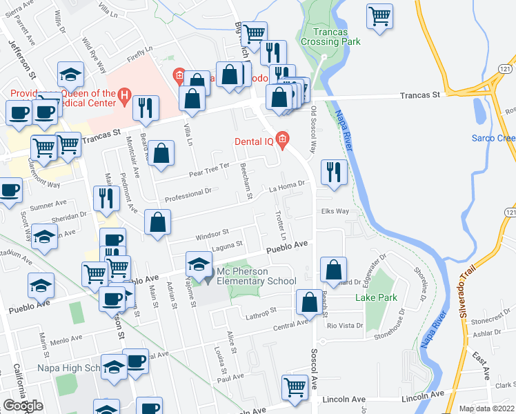 map of restaurants, bars, coffee shops, grocery stores, and more near 5 Windsor Court in Napa
