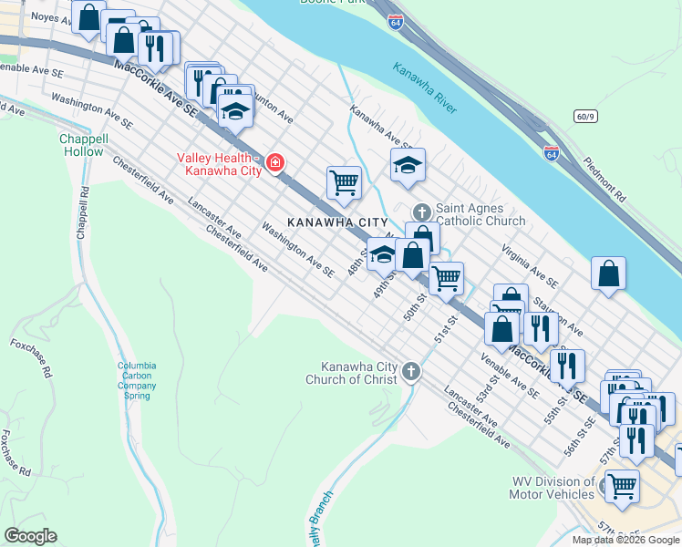 map of restaurants, bars, coffee shops, grocery stores, and more near 601-605 48th St SE in Charleston