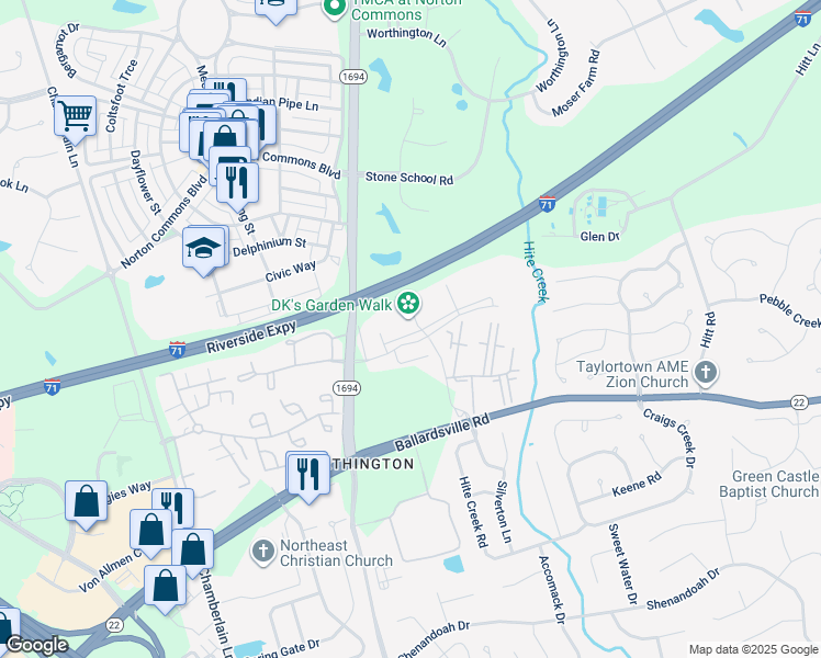 map of restaurants, bars, coffee shops, grocery stores, and more near 10401 Shadow Ridge Lane in Louisville