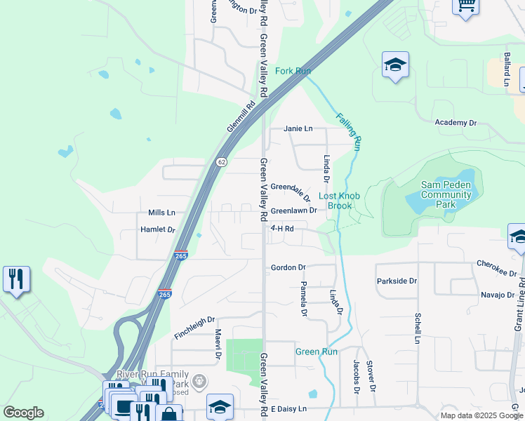 map of restaurants, bars, coffee shops, grocery stores, and more near 2818 Green Valley Road in New Albany