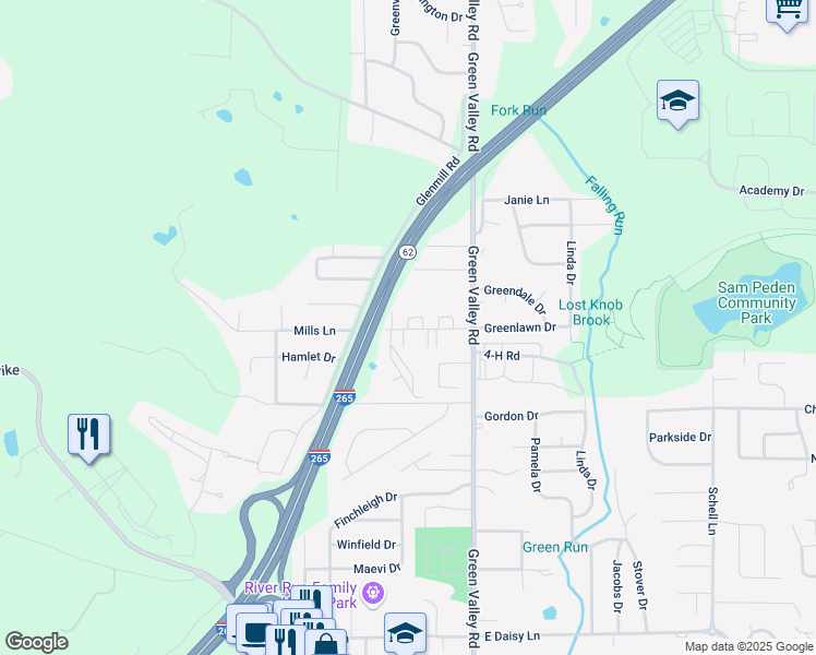 map of restaurants, bars, coffee shops, grocery stores, and more near 173 Mills Lane in New Albany