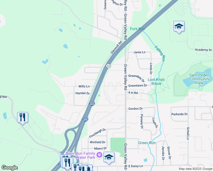map of restaurants, bars, coffee shops, grocery stores, and more near 173 Mills Lane in New Albany