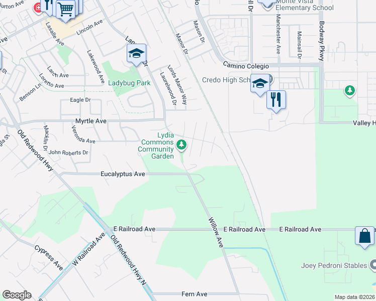 map of restaurants, bars, coffee shops, grocery stores, and more near 525 Lorraine Court North in Rohnert Park
