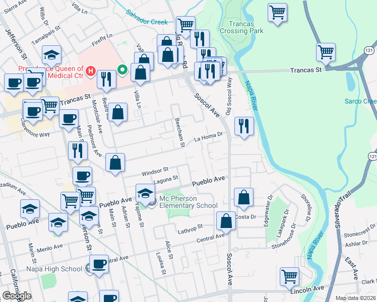 map of restaurants, bars, coffee shops, grocery stores, and more near 1195 La Homa Drive in Napa