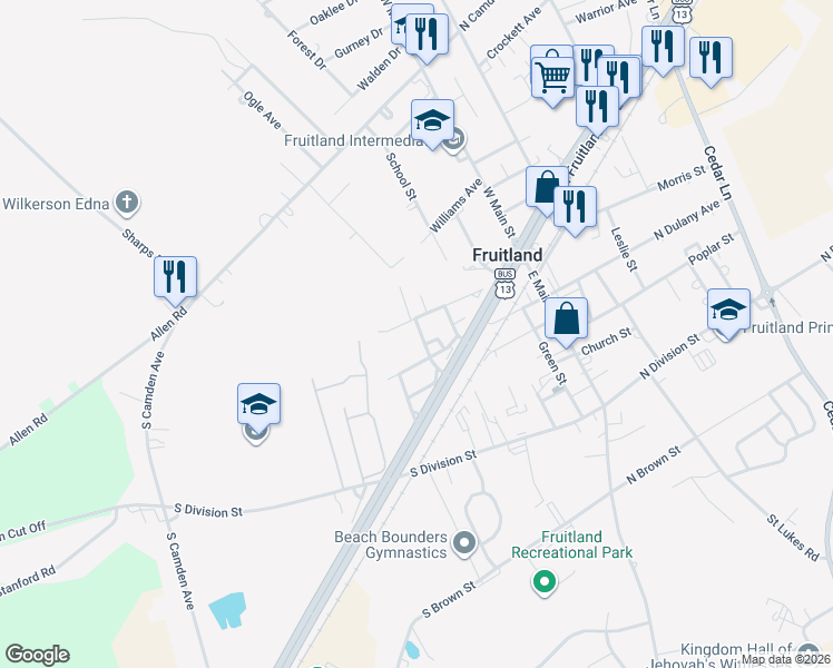 map of restaurants, bars, coffee shops, grocery stores, and more near 106 Washington Street in Fruitland