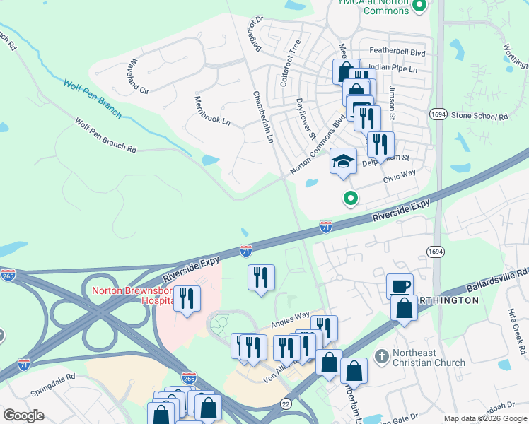 map of restaurants, bars, coffee shops, grocery stores, and more near 8804 Wolf Pen Branch Road in Prospect