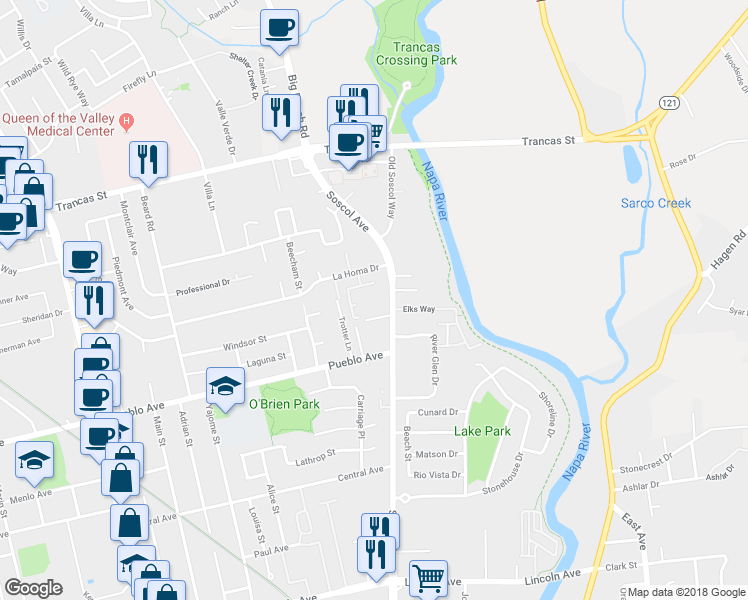 map of restaurants, bars, coffee shops, grocery stores, and more near 2743 Soscol Avenue in Napa