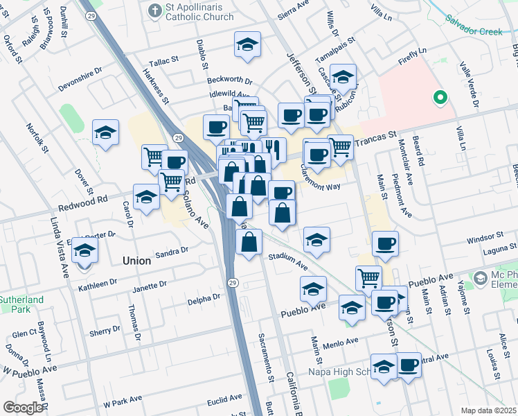 map of restaurants, bars, coffee shops, grocery stores, and more near 1761 Industrial Way in Napa