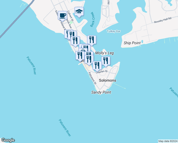 map of restaurants, bars, coffee shops, grocery stores, and more near 25 Charles Street in Solomons