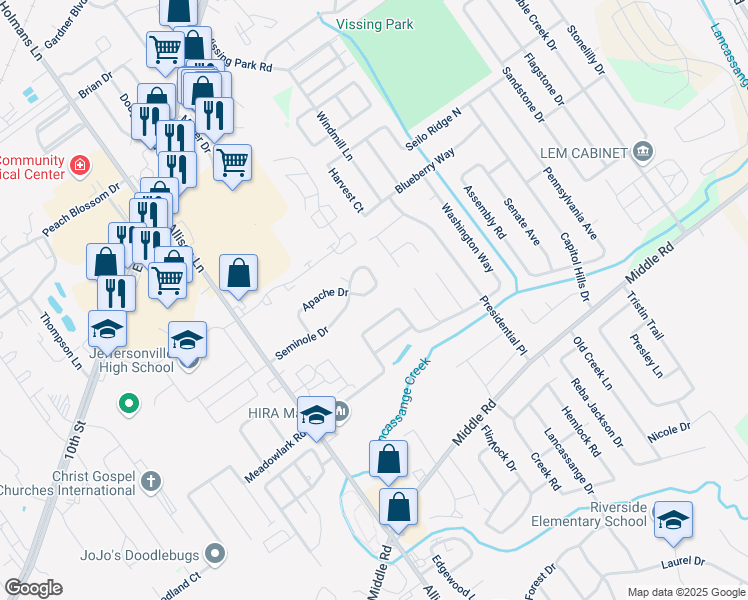 map of restaurants, bars, coffee shops, grocery stores, and more near 3033 Northern Falcon Drive in Jeffersonville
