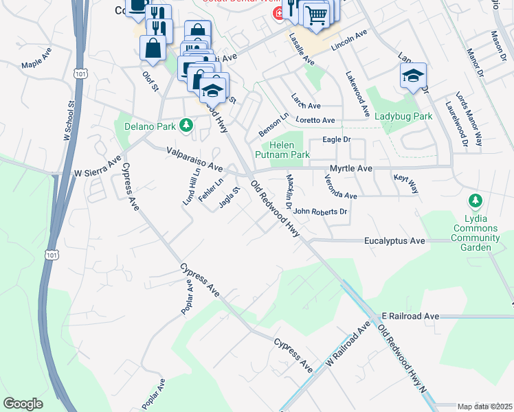 map of restaurants, bars, coffee shops, grocery stores, and more near 8270 Honor Place in Cotati