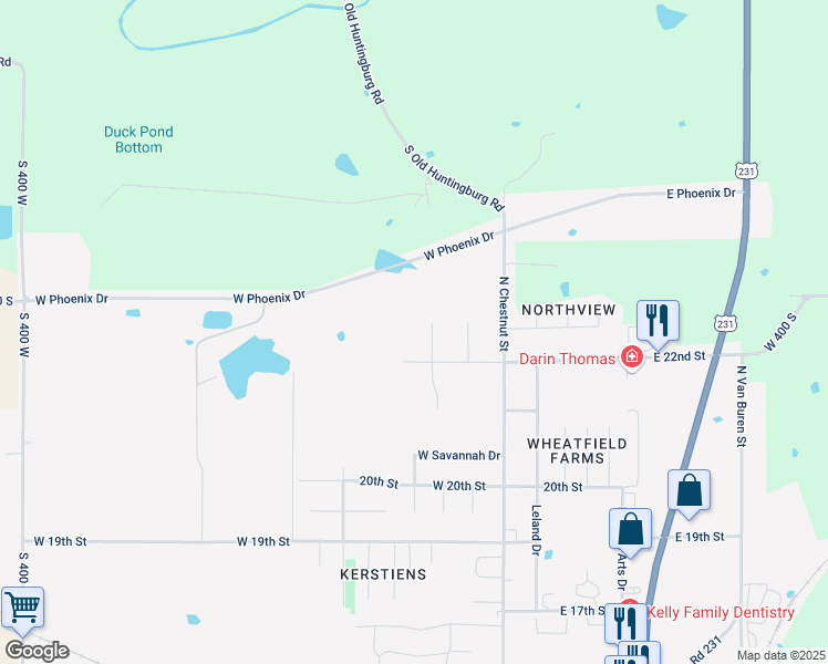 map of restaurants, bars, coffee shops, grocery stores, and more near 219 West 22nd Street in Huntingburg