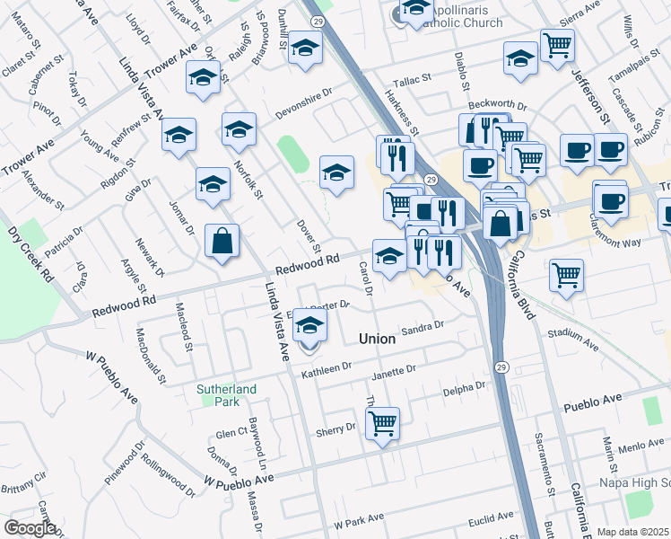 map of restaurants, bars, coffee shops, grocery stores, and more near 2239 Redwood Road in Napa