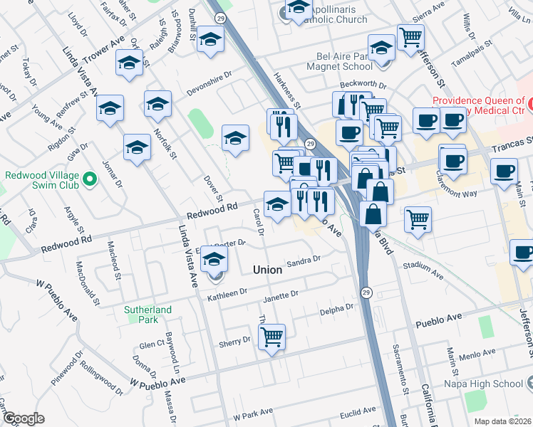 map of restaurants, bars, coffee shops, grocery stores, and more near 2101 Redwood Road in Napa