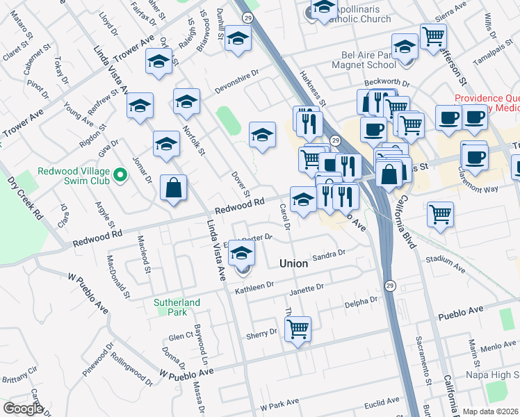 map of restaurants, bars, coffee shops, grocery stores, and more near 2200 Redwood Road in Napa