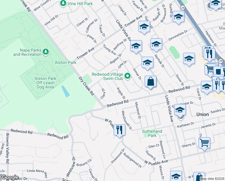 map of restaurants, bars, coffee shops, grocery stores, and more near 3678 Ruston Lane in Napa