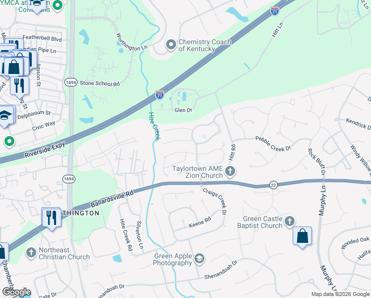 map of restaurants, bars, coffee shops, grocery stores, and more near 5416 Worthington Place Drive in Louisville