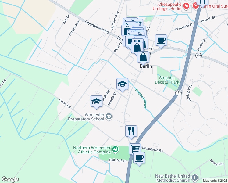 map of restaurants, bars, coffee shops, grocery stores, and more near 100 Buckingham Road in Berlin