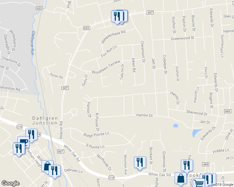 map of restaurants, bars, coffee shops, grocery stores, and more near 58 Hamlin Drive in Fredericksburg