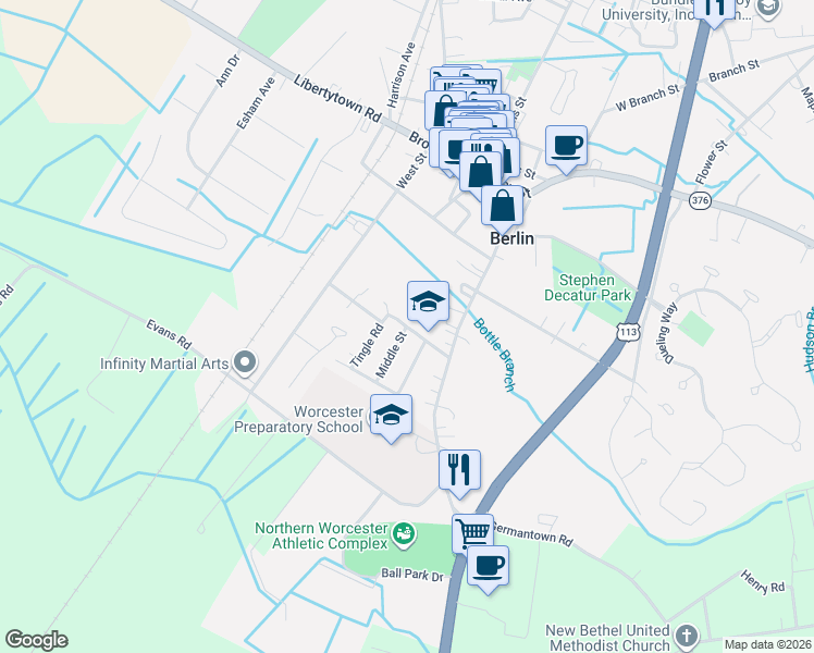 map of restaurants, bars, coffee shops, grocery stores, and more near 100 Buckingham Road in Berlin