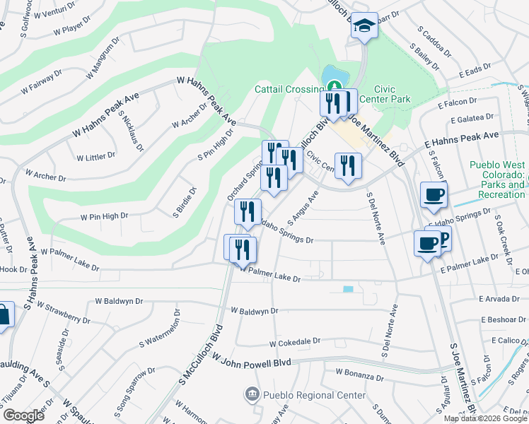 map of restaurants, bars, coffee shops, grocery stores, and more near 193 West Idaho Springs Drive in Pueblo