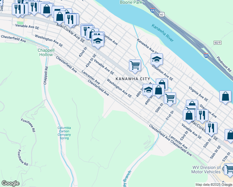 map of restaurants, bars, coffee shops, grocery stores, and more near 4512 Lancaster Avenue in Charleston