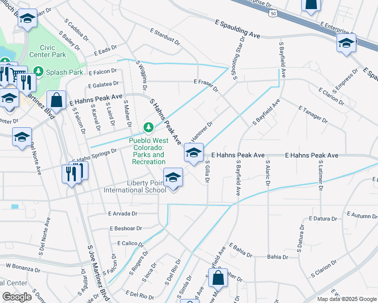 map of restaurants, bars, coffee shops, grocery stores, and more near 386 East Hahns Peak Avenue in Pueblo West