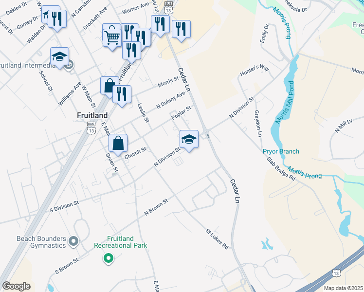 map of restaurants, bars, coffee shops, grocery stores, and more near 301 North Division Street in Fruitland