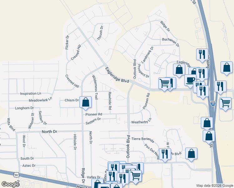 map of restaurants, bars, coffee shops, grocery stores, and more near 5055 Outlook Boulevard in Pueblo
