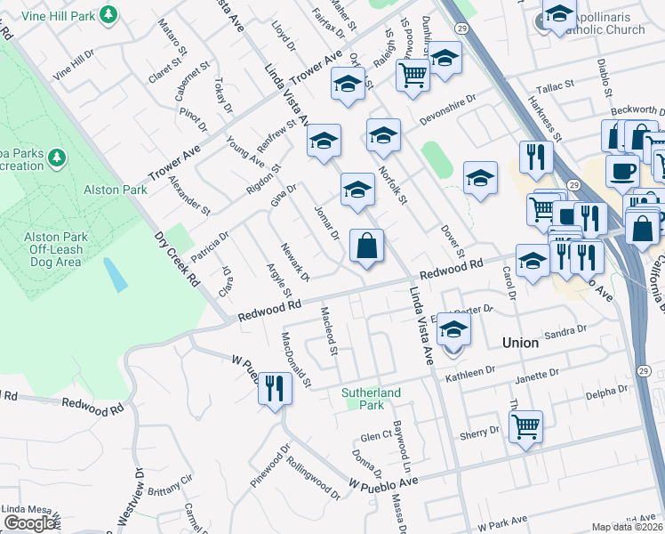 map of restaurants, bars, coffee shops, grocery stores, and more near 3501 Young Avenue in Napa