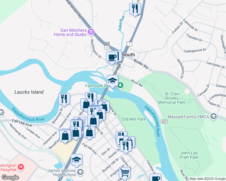 map of restaurants, bars, coffee shops, grocery stores, and more near in Fredericksburg
