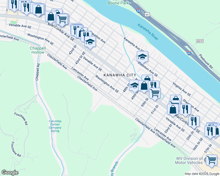 map of restaurants, bars, coffee shops, grocery stores, and more near 4604 Washington Avenue Southeast in Charleston