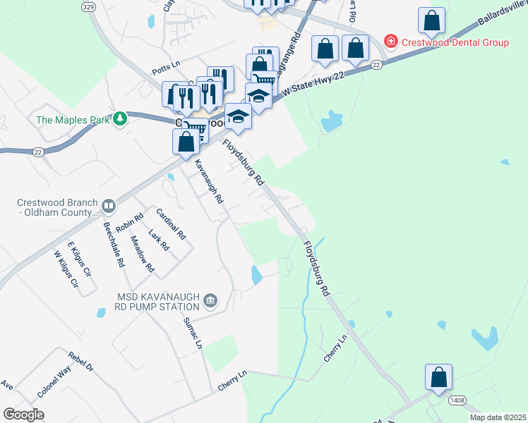 map of restaurants, bars, coffee shops, grocery stores, and more near 5903 Woodcreek Crossing Way in Crestwood